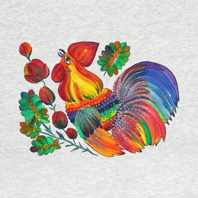 Magic cock. Petrykivka painting. Rainbow rooster by Motanka